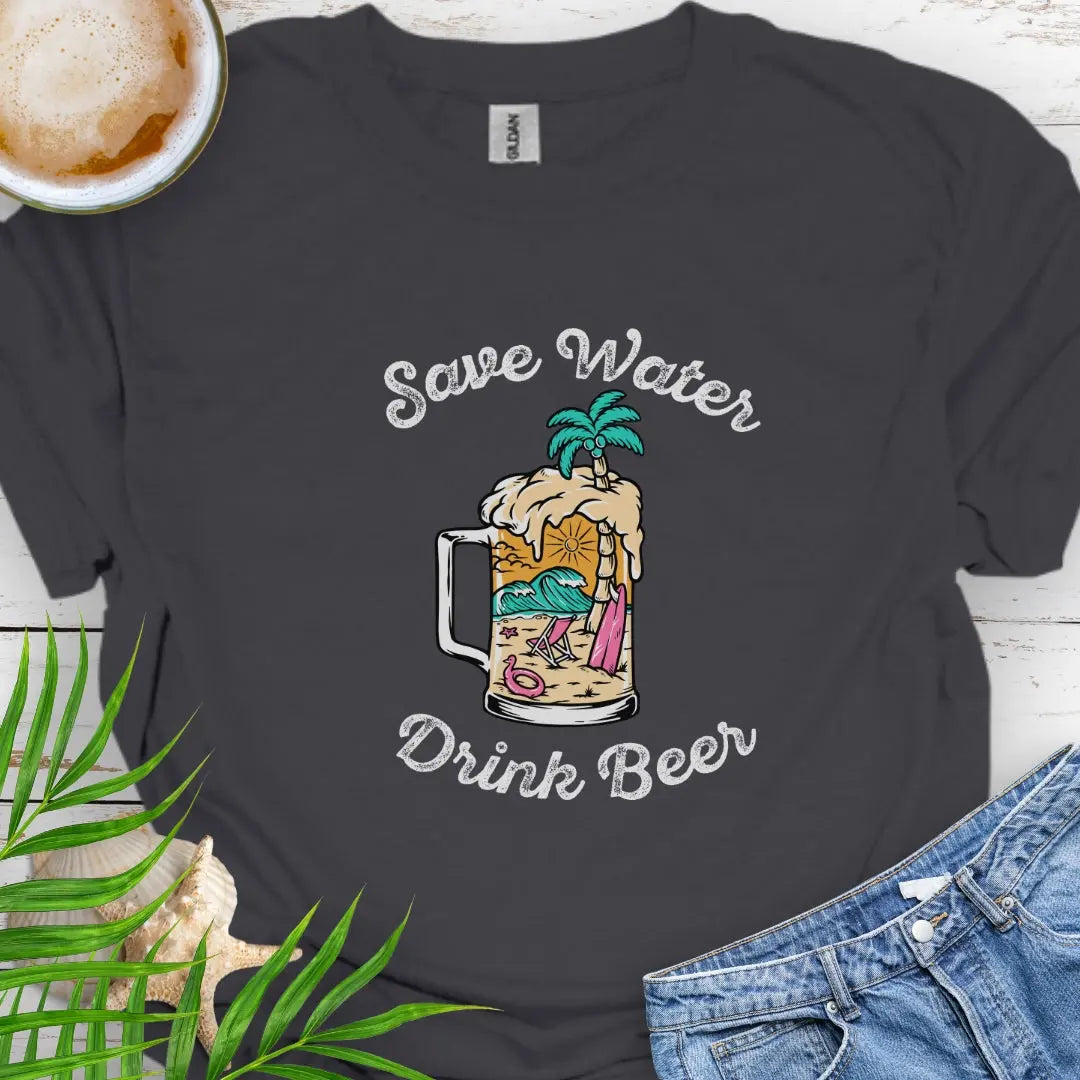 Charcoal T-shirt with beer mug filled with an overpour of a beach scene with the text Save Water Drink Beer. Perfect happy hour or party shirt!
