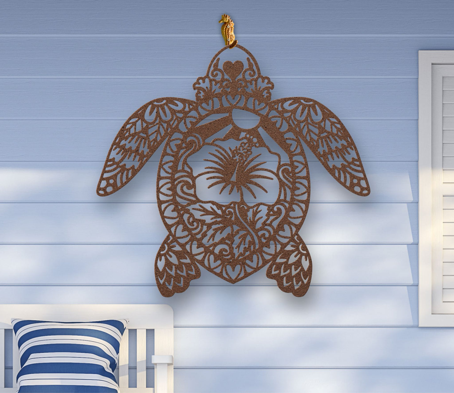 Copper Metal wall art of a sea turtle silhouette with detailed cutouts and a hibiscus flower in the center, available in various sizes and colors.
