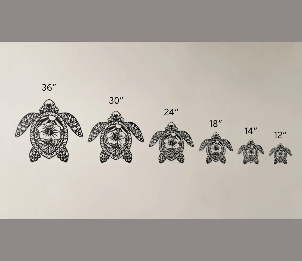 Size Chart Metal wall art of a sea turtle silhouette with detailed cutouts and a hibiscus flower in the center, available in various sizes and colors.