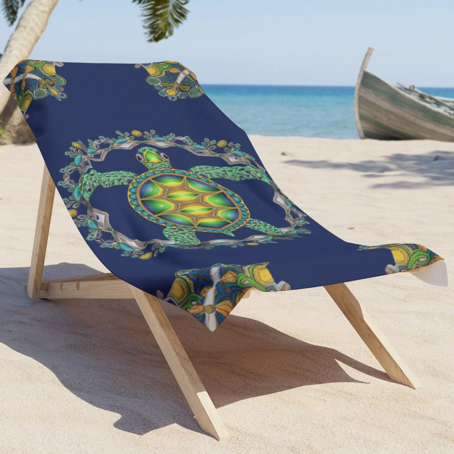 Blue Sea Turtle Beach Towel laying on lounge chair
