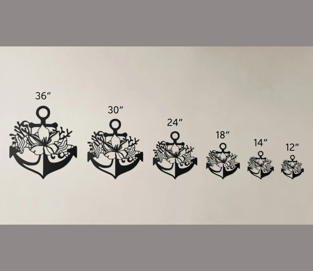 Size chart for metal wall art shaped like an anchor with a hibiscus flower, starfish, and shell design accents, available in 5 colors and multiple sizes.