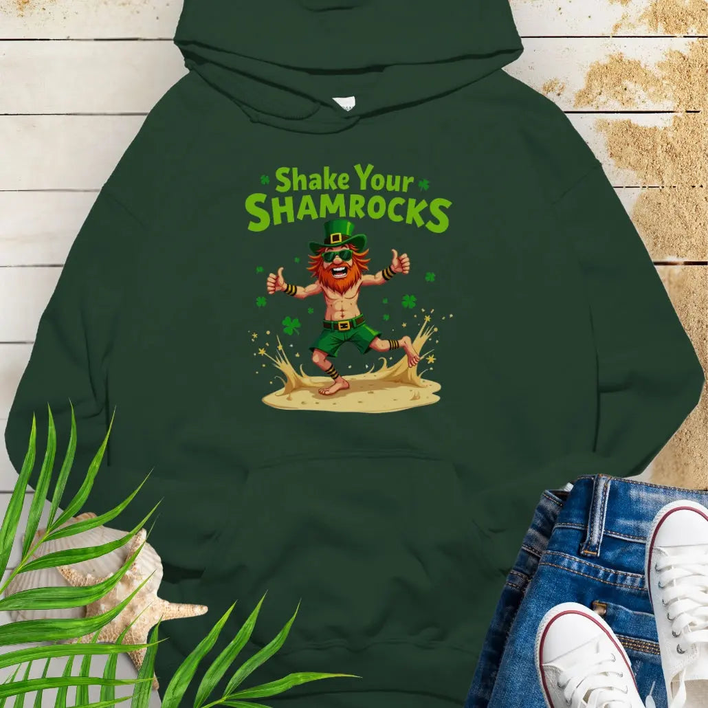 Shop our fun and cozy dancing leprechaun in beach attire with shamrock confetti with the text 'Shake Your Shamrocks' Forest Green Hoodie! Perfect for St. Patrick's Day celebrations or anyone who loves a touch of whimsy in their wardrobe.
