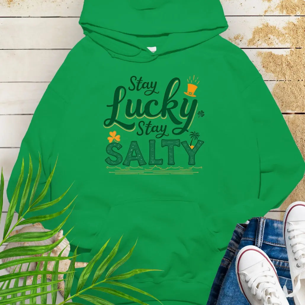 Our Stay Lucky Stay Salty Green Hoodie with St. Patrick's Day and beach embellishments including shamrock, leprechaun hat, palm tree and ocean waves.