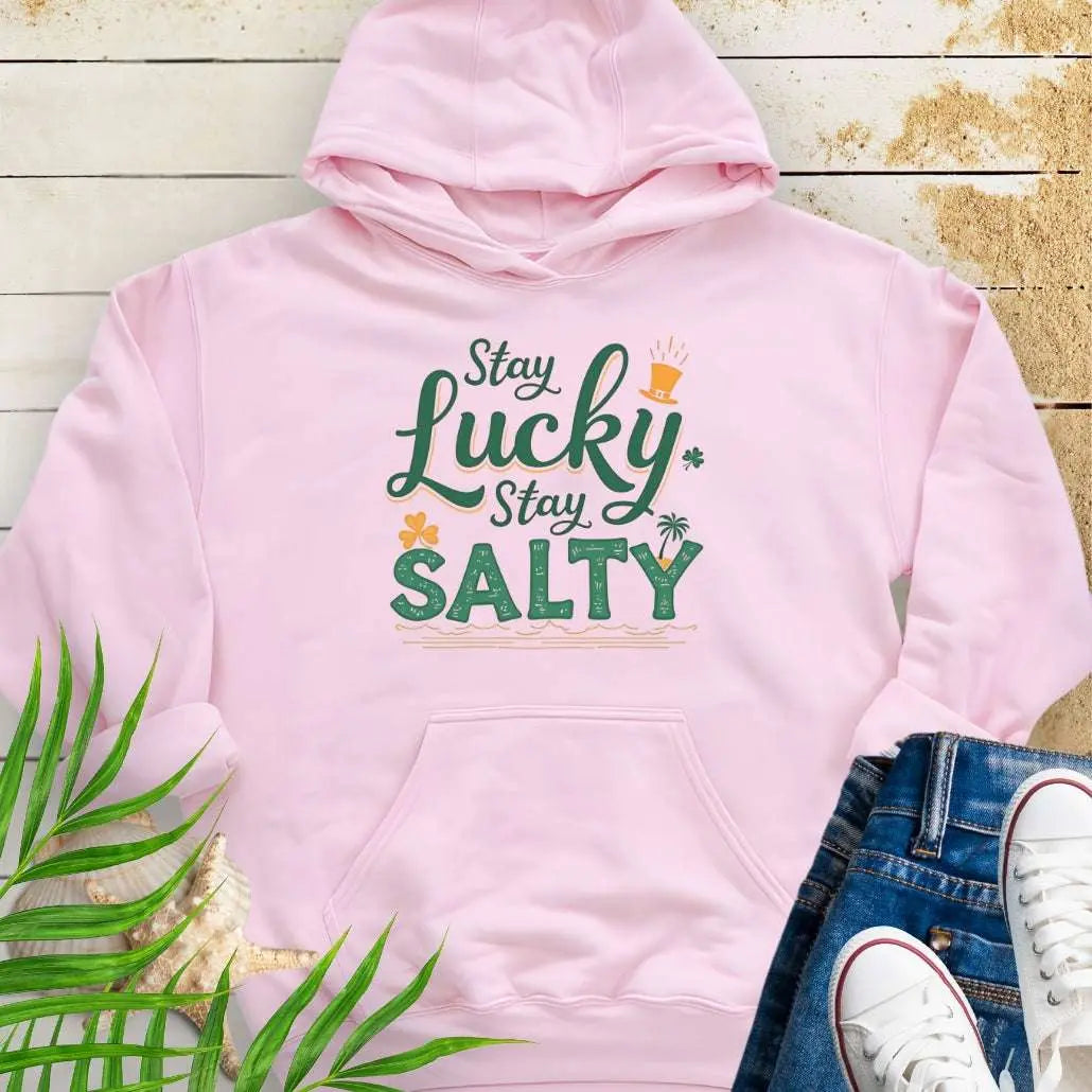 Our Stay Lucky Stay Salty Pink Hoodie with St. Patrick's Day and beach embellishments including shamrock, leprechaun hat, palm tree and ocean waves.