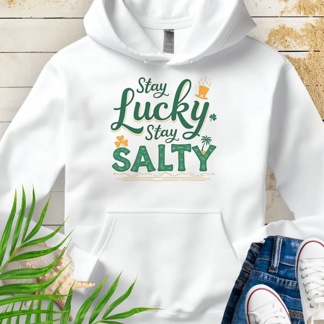 Our Stay Lucky Stay Salty White Hoodie with St. Patrick's Day and beach embellishments including shamrock, leprechaun hat, palm tree and ocean waves.
