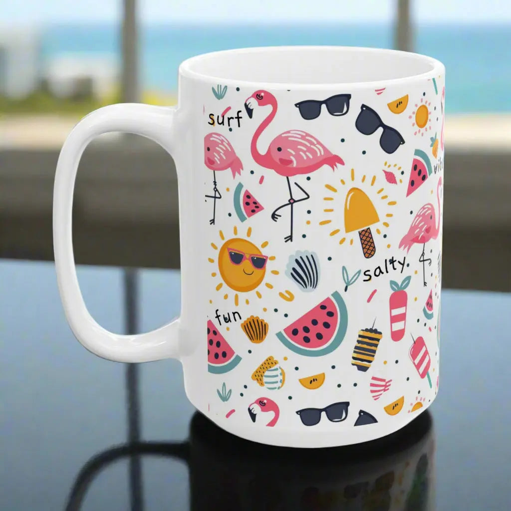 White beach-themed 15 oz coffee mug with colorful fun designs featuring flamingos, watermelon slices, sun, and popsicles. Perfect summer mug for beach lovers, tropical vibes, and sunny morning coffee.