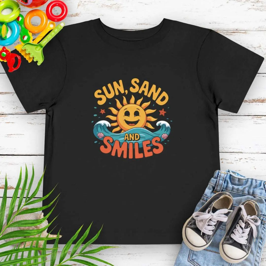 Black Toddler T-shirt with a smiling sun and waves that says Sun, Sand and Smiles.