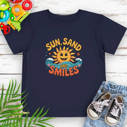 Navy Toddler T-shirt with a smiling sun and waves that says Sun, Sand and Smiles.