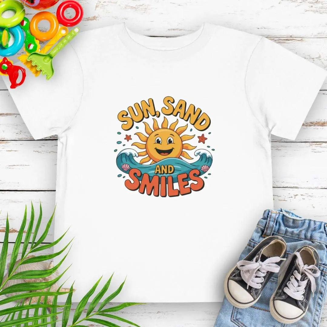 White Toddler T-shirt with a smiling sun and waves that says Sun, Sand and Smiles.