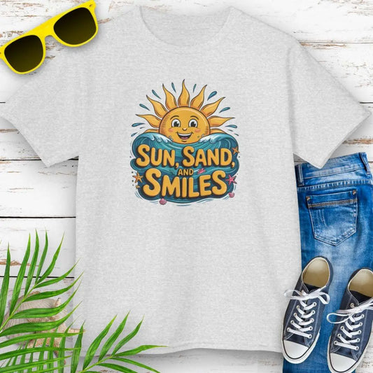 Sun Sand Smiles Child's Ash T-shirt with a smiling sun with ocean water under the bold fun text.