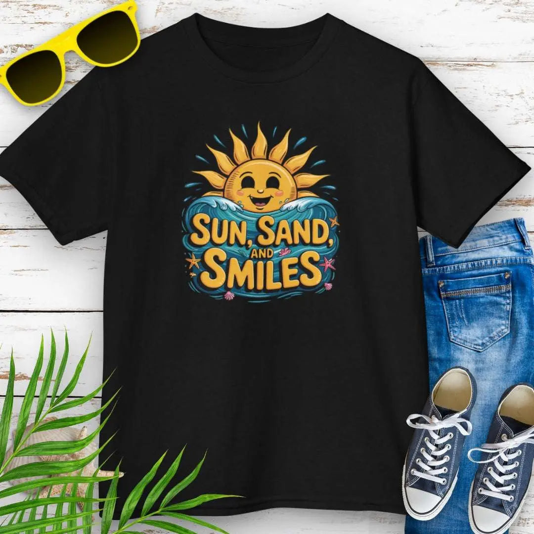 Sun Sand Smiles Child's Black T-shirt with a smiling sun with ocean water under the bold fun text.