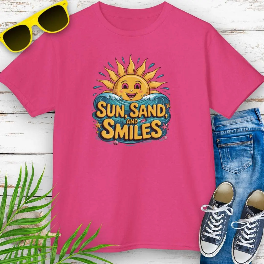 Sun Sand Smiles Child's Heliconia T-shirt with a smiling sun with ocean water under the bold fun text.