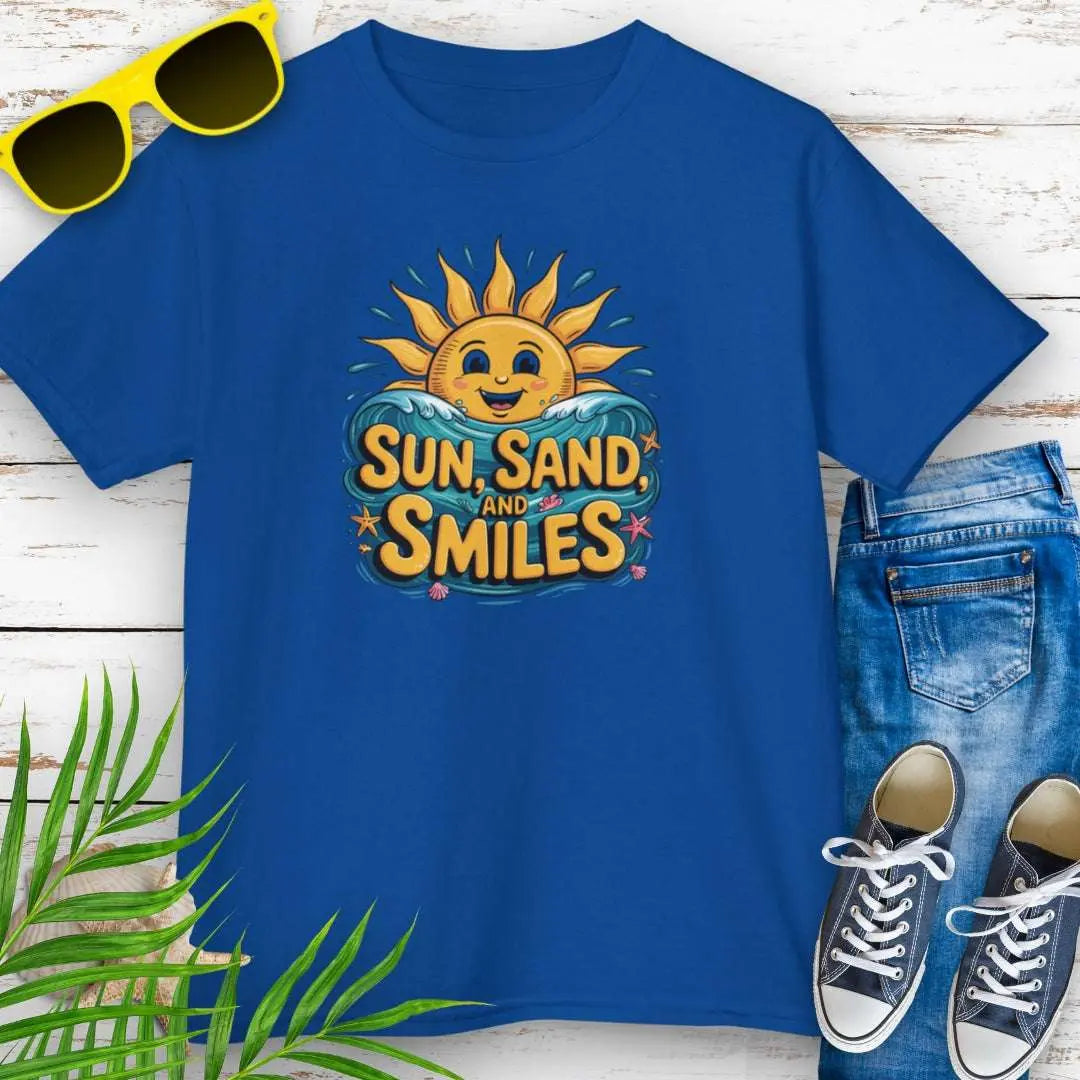 Sun Sand Smiles Child's Royal Blue T-shirt with a smiling sun with ocean water under the bold fun text.