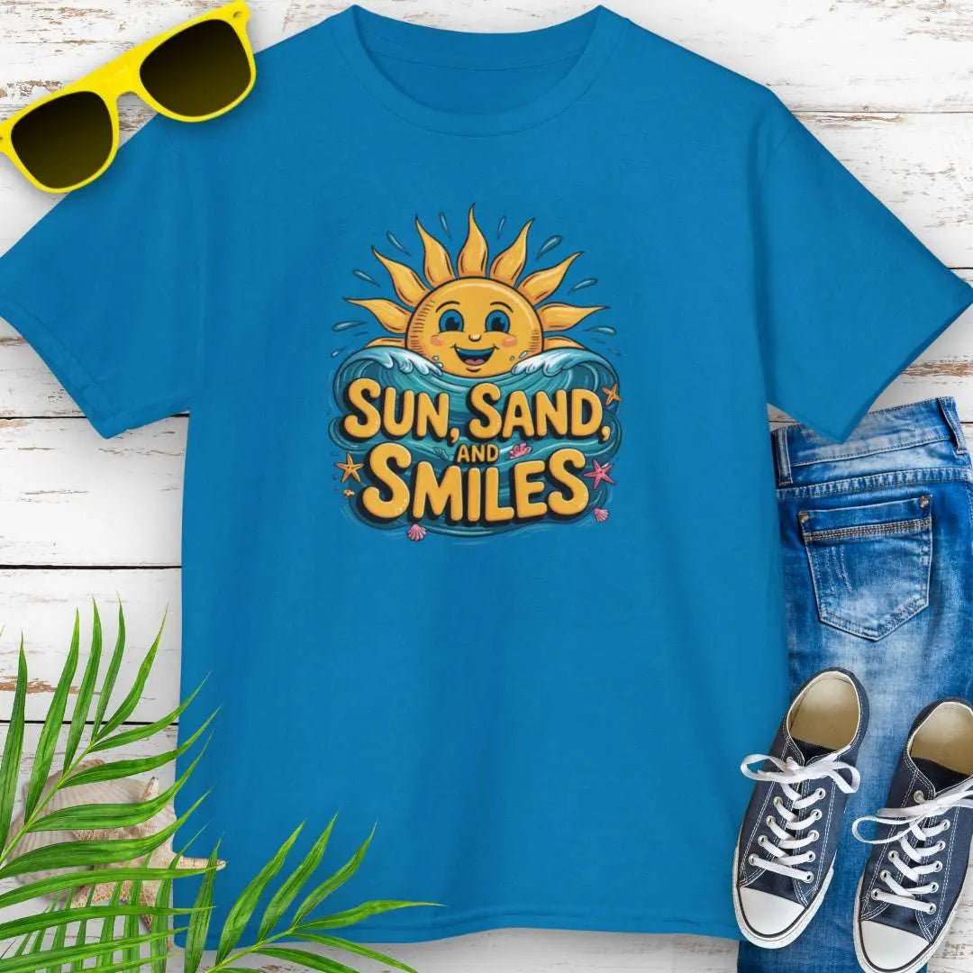 Sun Sand Smiles Child's Sapphire T-shirt with a smiling sun with ocean water under the bold fun text.