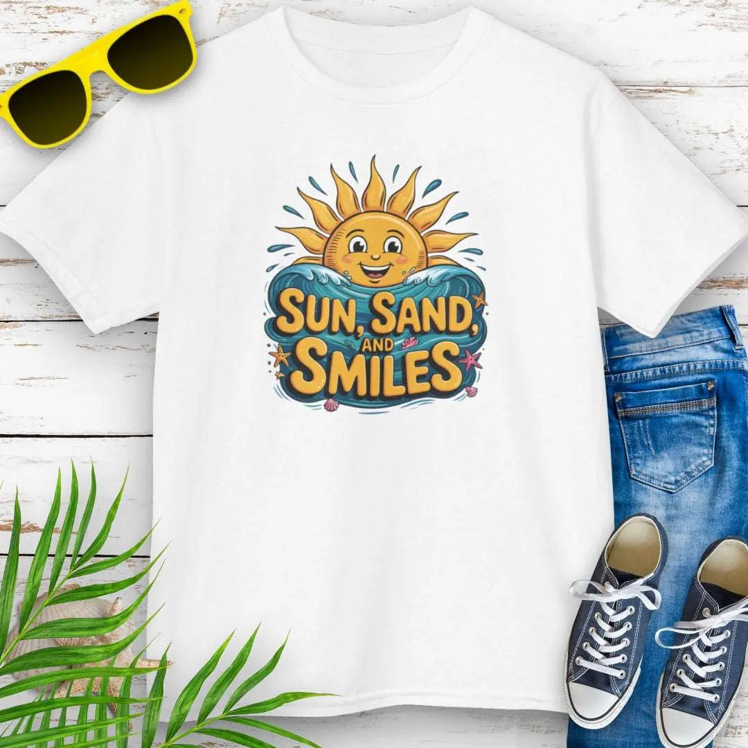 Sun Sand Smiles Child's White T-shirt with a smiling sun with ocean water under the bold fun text.