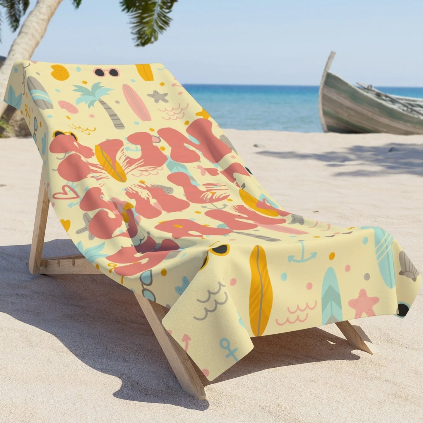 butter yellow background beach towel with retro text Sun Salt and Sand