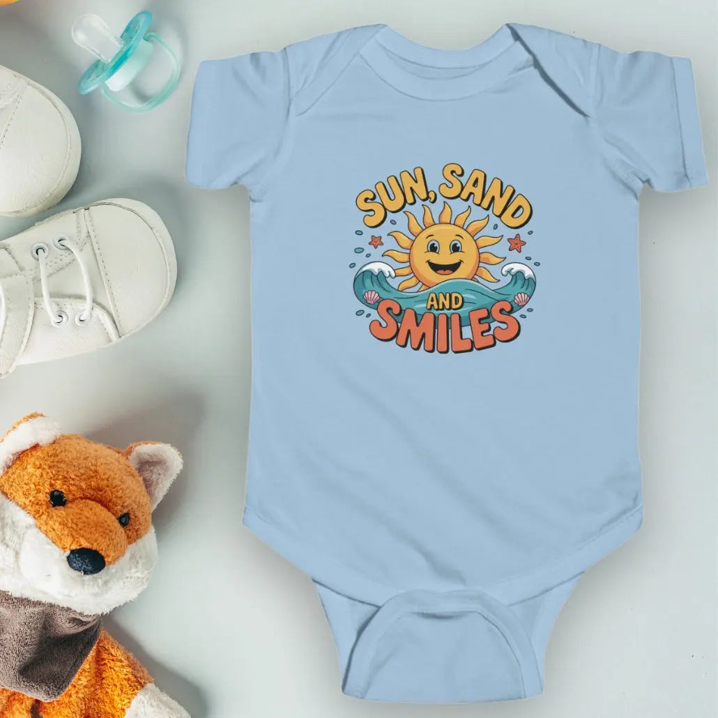 Light Blue One-piece short-sleeved infant bodysuit with a smiley sun and waves that says Sun, Sand and Smiles.