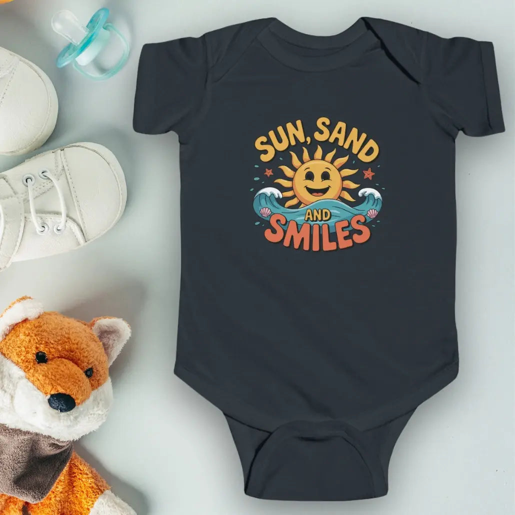 Black One-piece short-sleeved infant bodysuit with a smiley sun and waves that says Sun, Sand and Smiles.