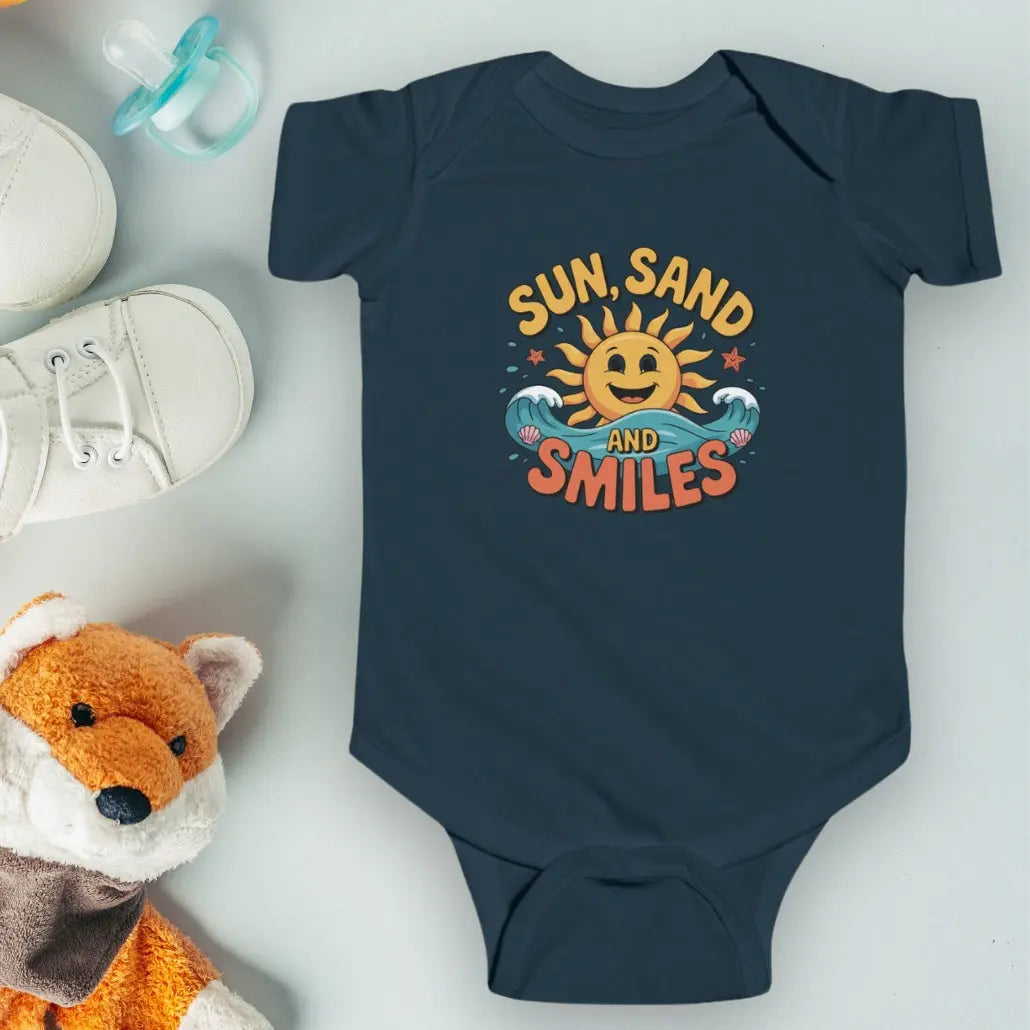 Navy One-piece short-sleeved infant bodysuit with a smiley sun and waves that says Sun, Sand and Smiles.