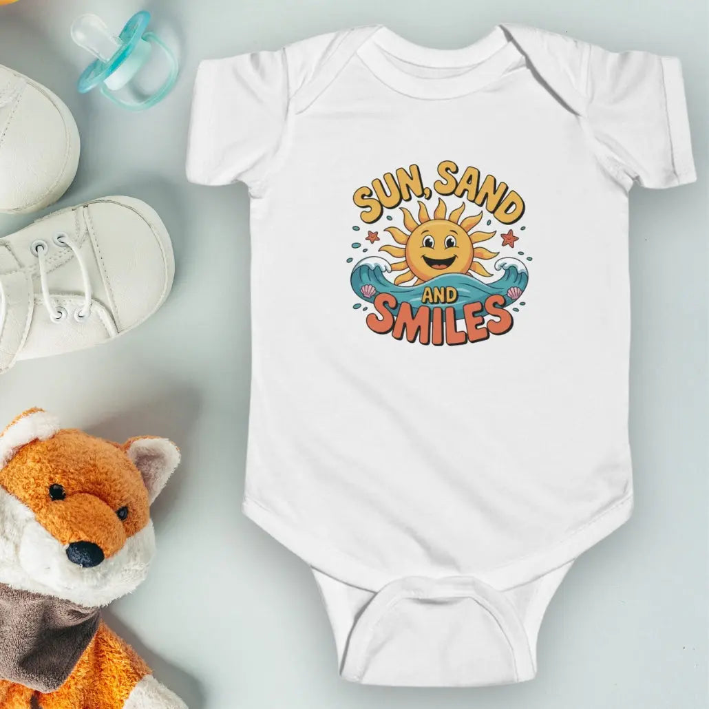 White One-piece short-sleeved infant bodysuit with a smiley sun and waves that says Sun, Sand and Smiles.