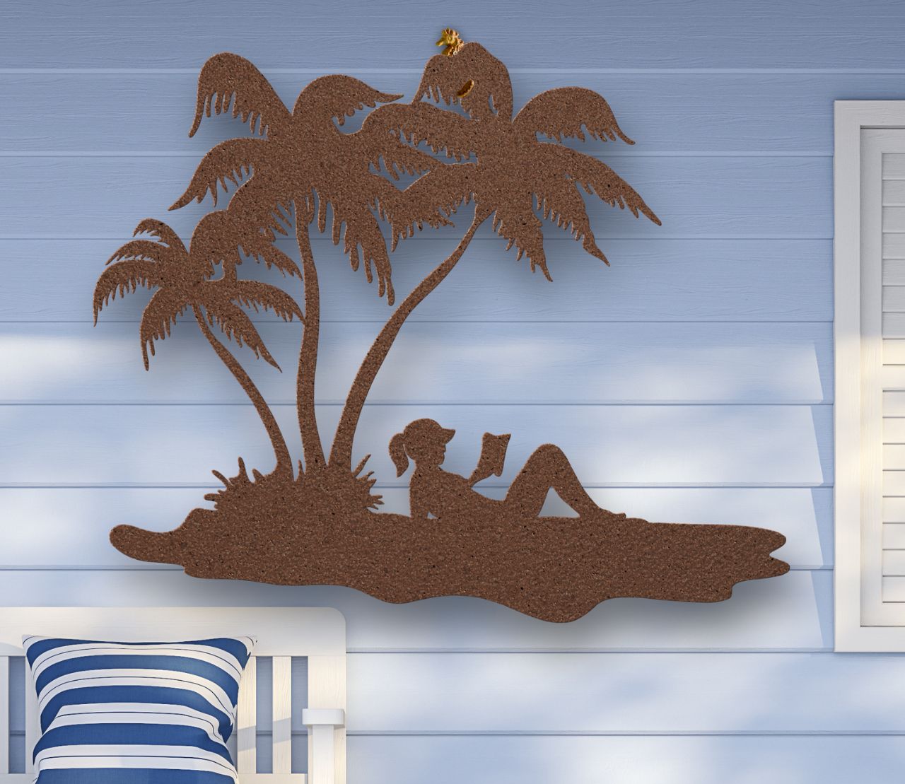 Copper Metal wall art of a woman reading under palm trees on the beach, sunbathing in a tropical scene, crafted from steel and available in multiple sizes and colors.