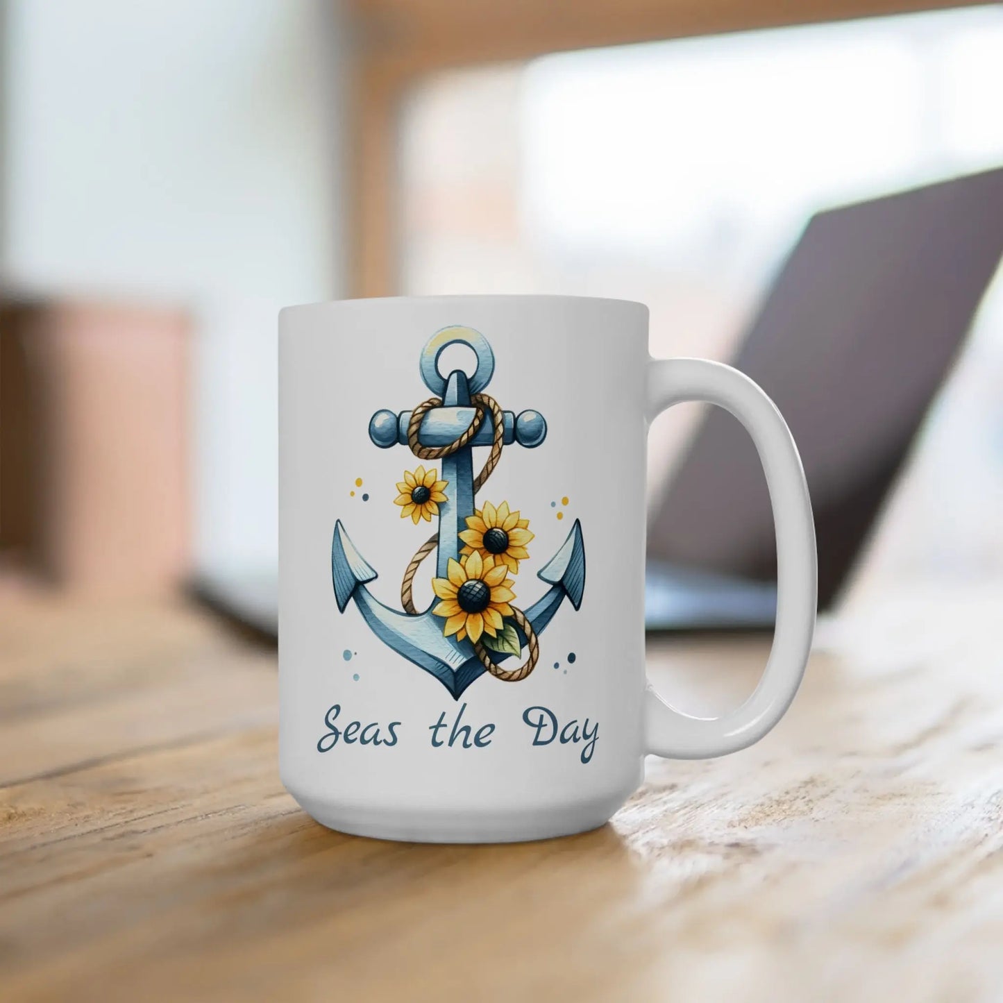15 oz. White mug with Anchor and Sunflowers with text Seas the Day