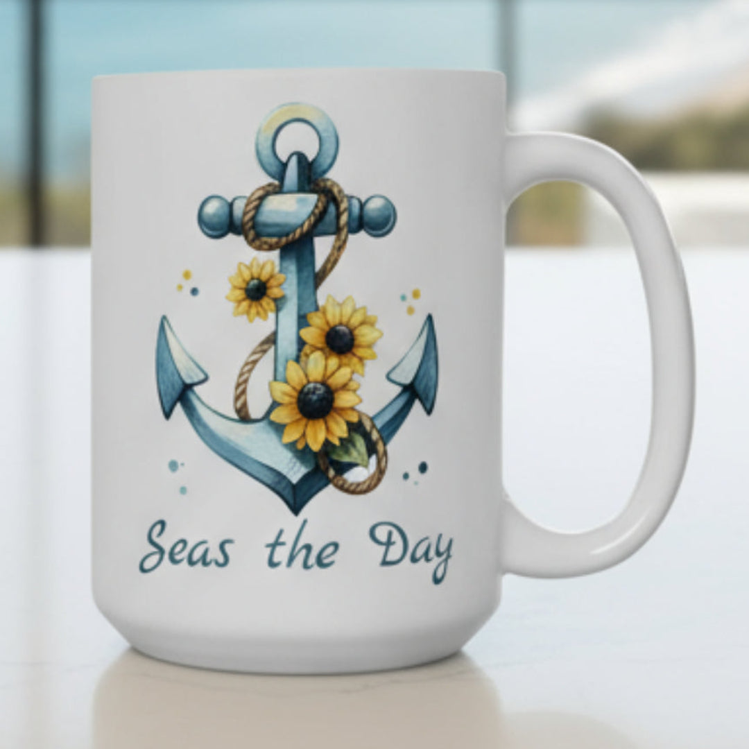 15 oz. White mug with Anchor and Sunflowers with text Seas the Day