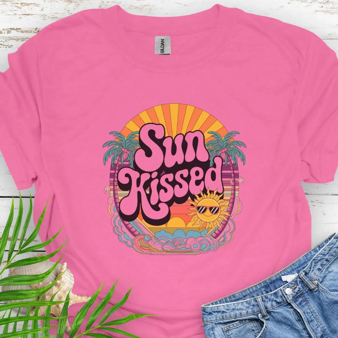 A retro beach scene with fun Sunkissed text in Azalea.