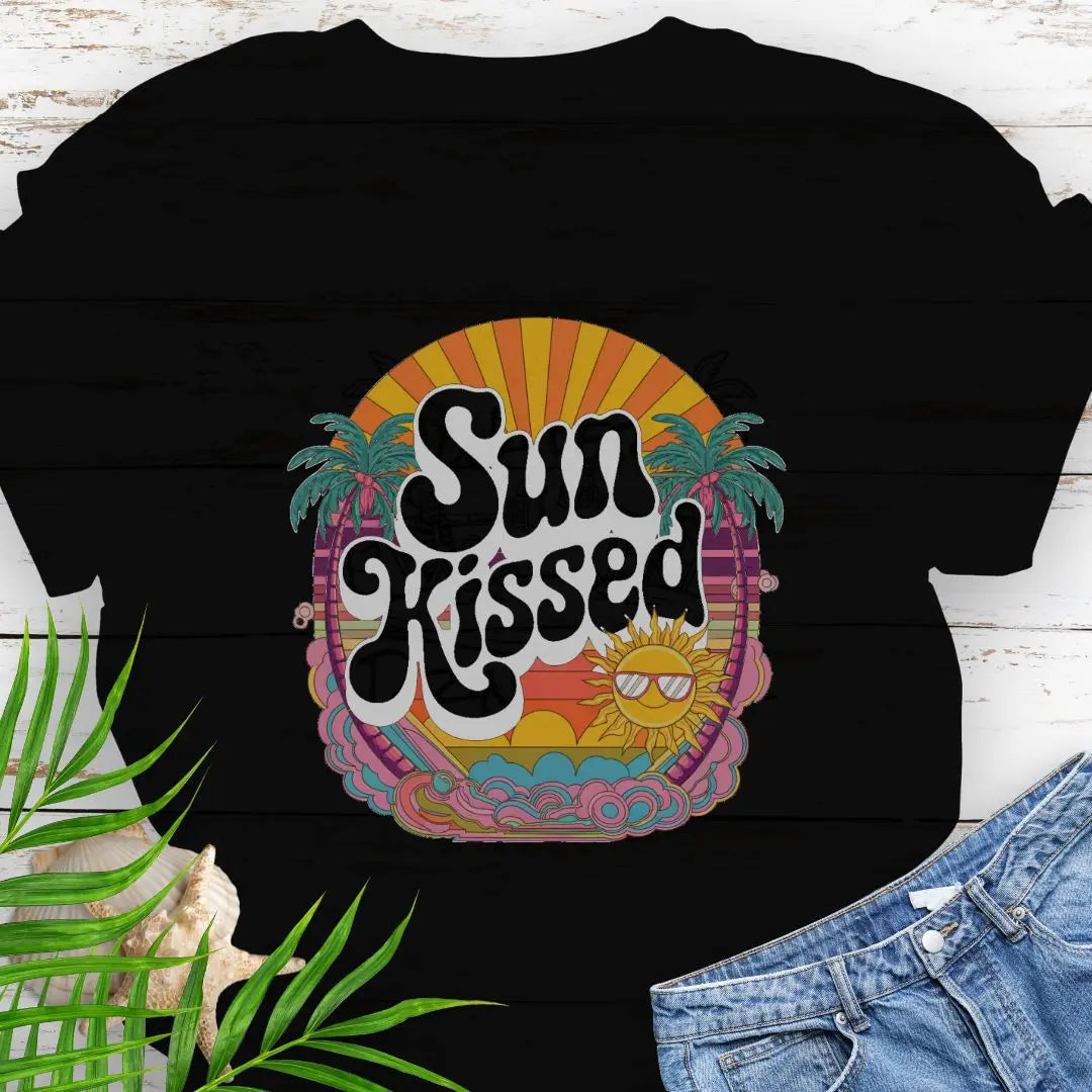 A retro beach scene with fun Sunkissed text in Black.