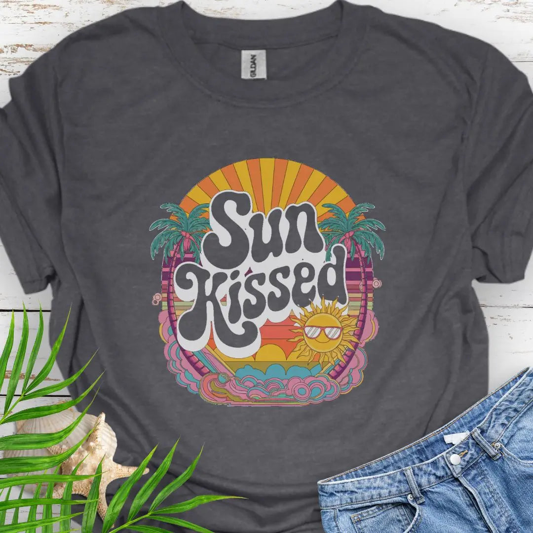 A retro beach scene with fun Sunkissed text in Dark Heather.