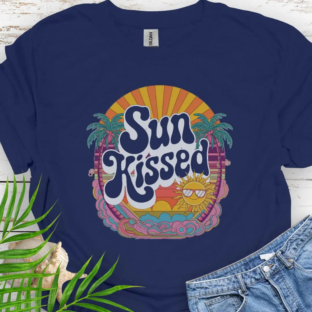 A retro beach scene with fun Sunkissed text in Navy