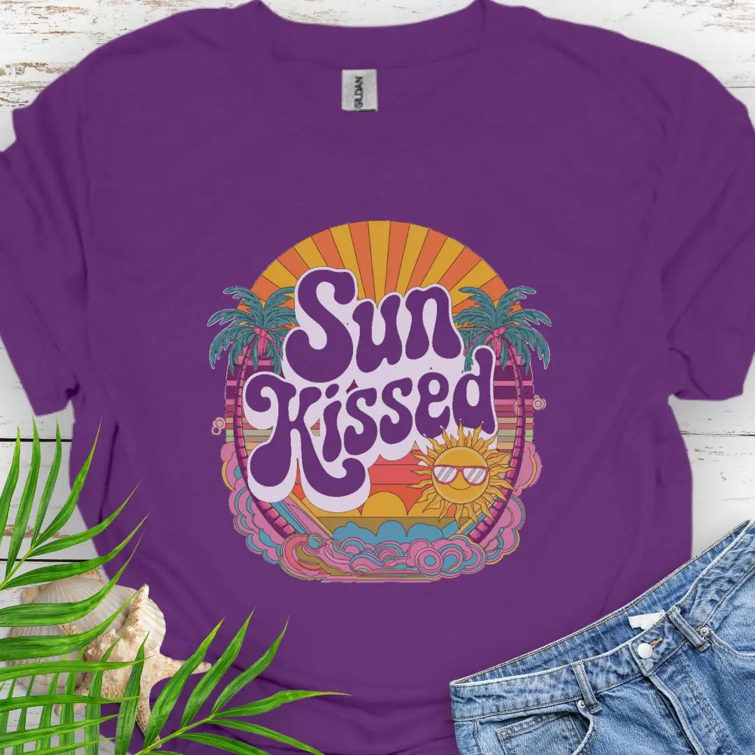 A retro beach scene with fun Sunkissed text in Purple.