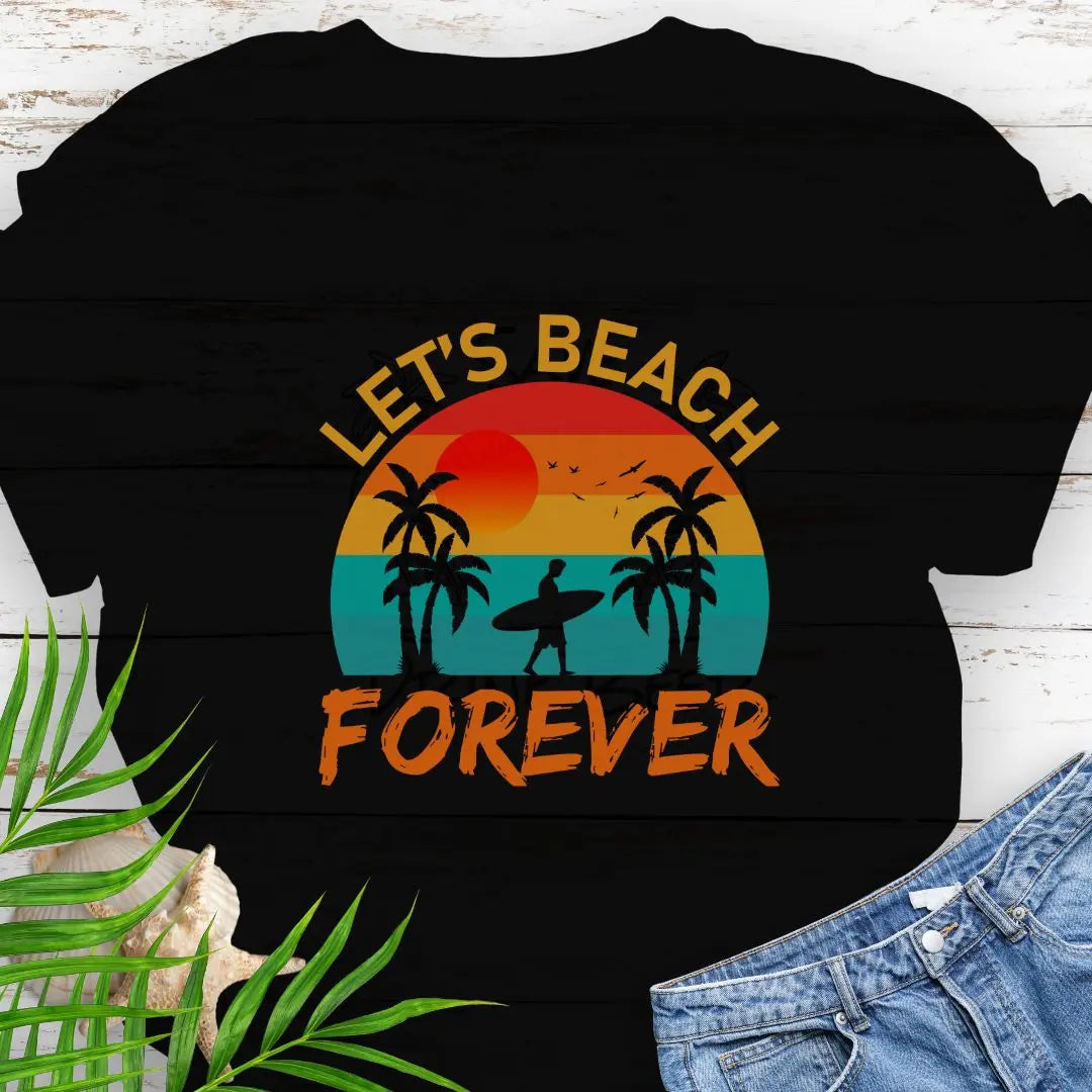 A retro sunset with two palm trees and a surfer walking that says Let's Beach Forever in Black.