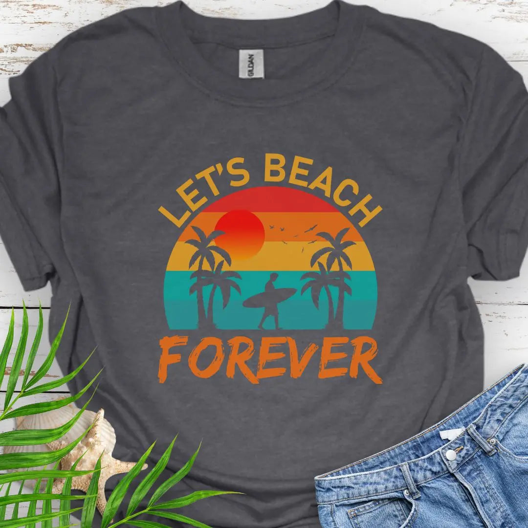 A retro sunset with two palm trees and a surfer walking that says Let's Beach Forever in Millitary Green.