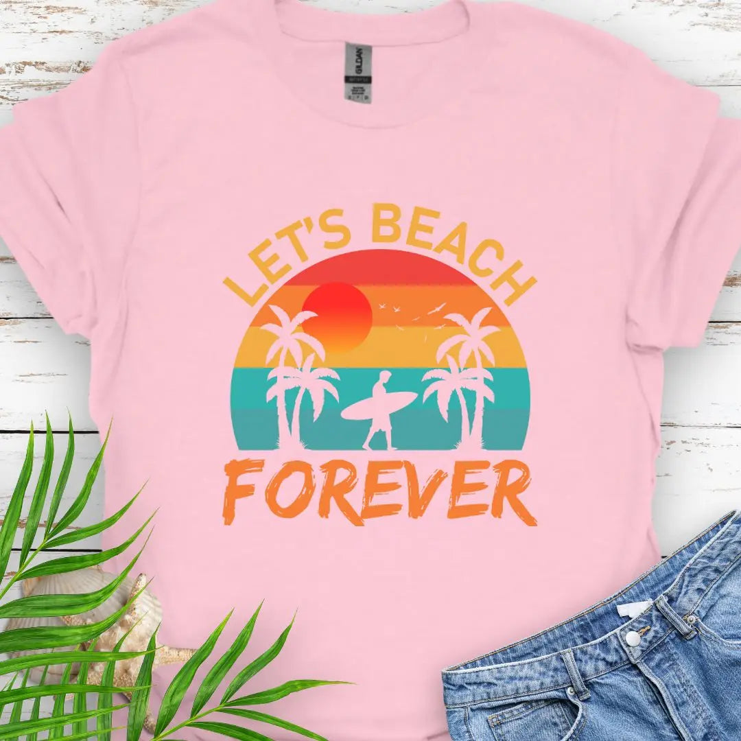 A retro sunset with two palm trees and a surfer walking that says Let's Beach Forever in Light Pink.