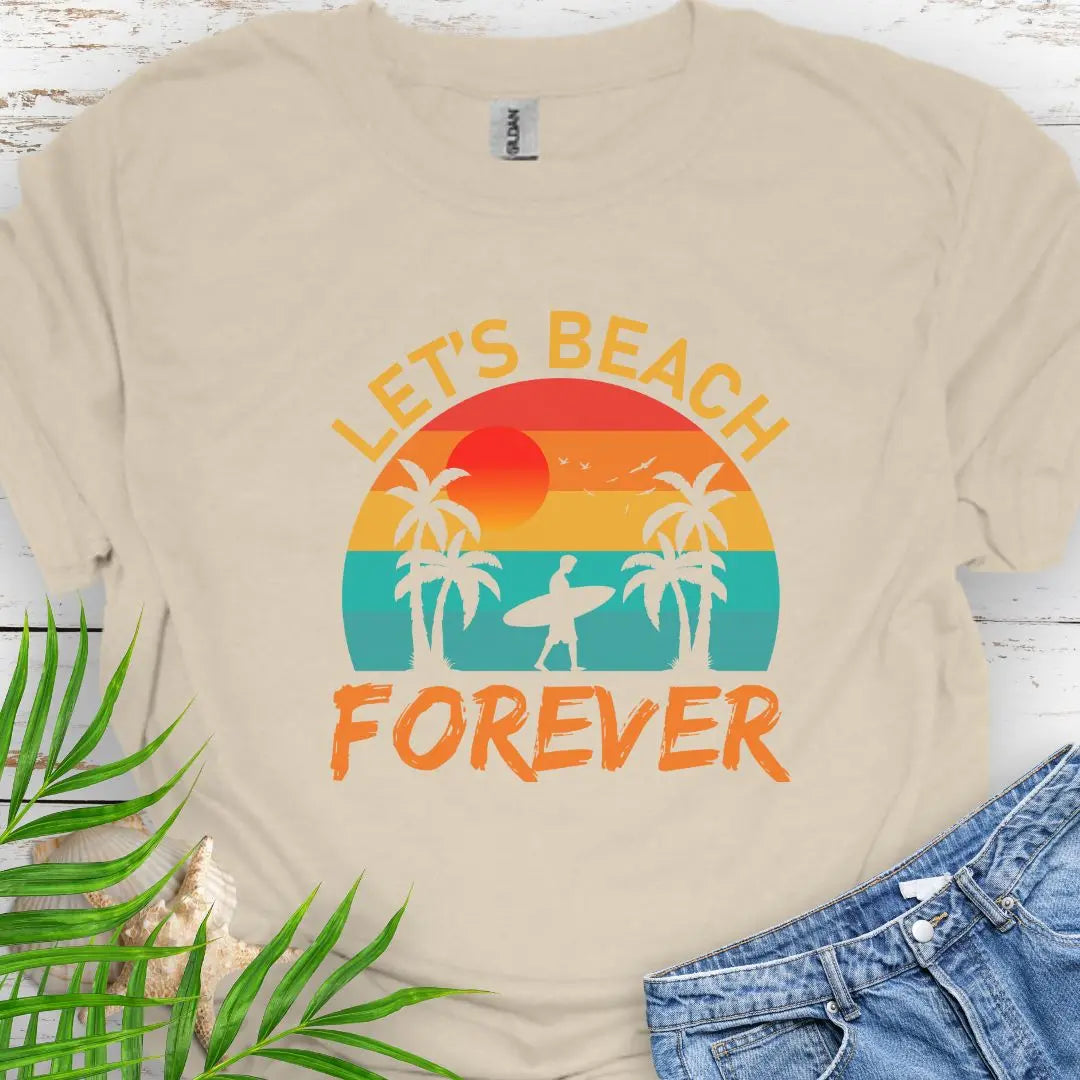 A retro sunset with two palm trees and a surfer walking that says Let's Beach Forever in Natural.