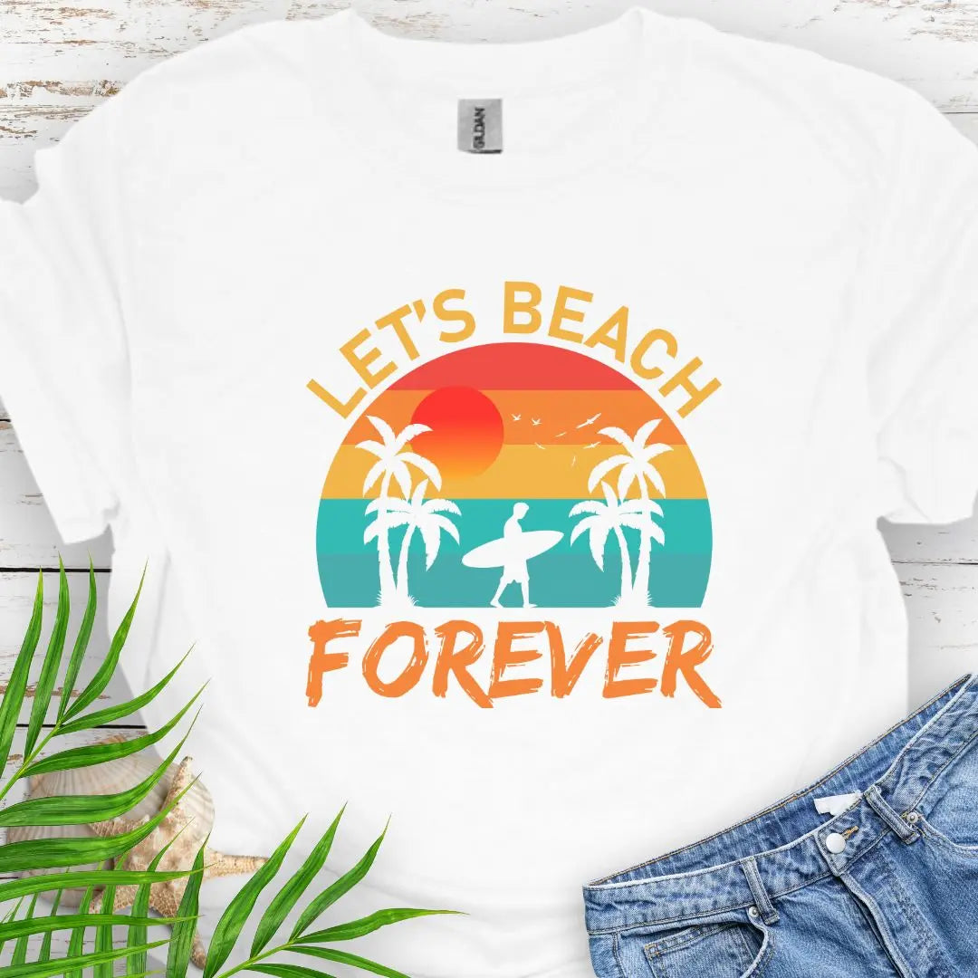 A retro sunset with two palm trees and a surfer walking that says Let's Beach Forever in White.