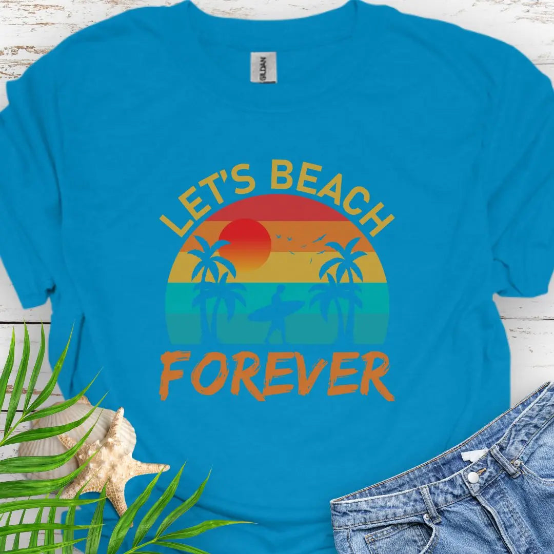 A retro sunset with two palm trees and a surfer walking that says Let's Beach Forever in Sapphire.