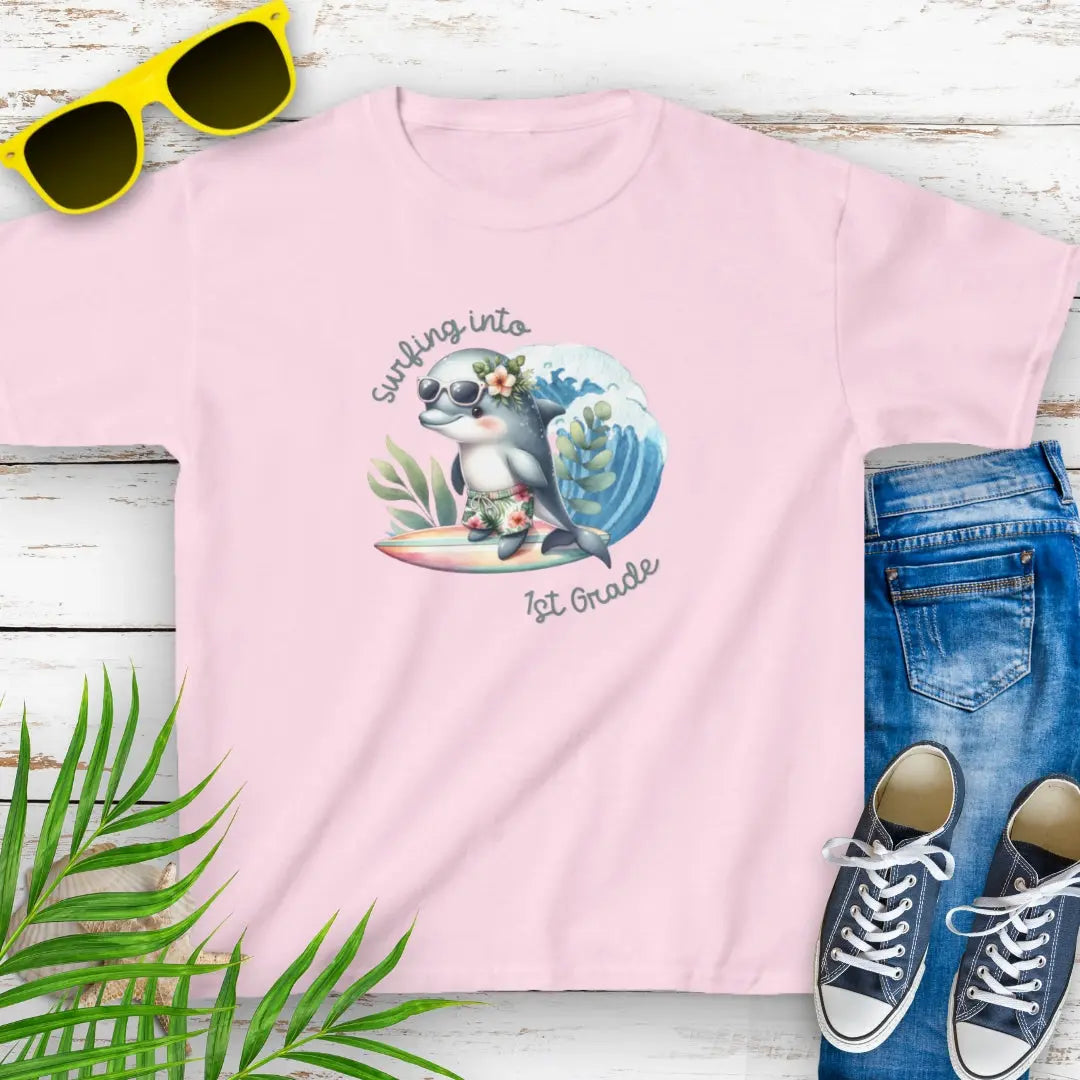 Surf Into 1st Grade Child's T-Shirt Kids clothes M-Light-Pink Everythings Beachy