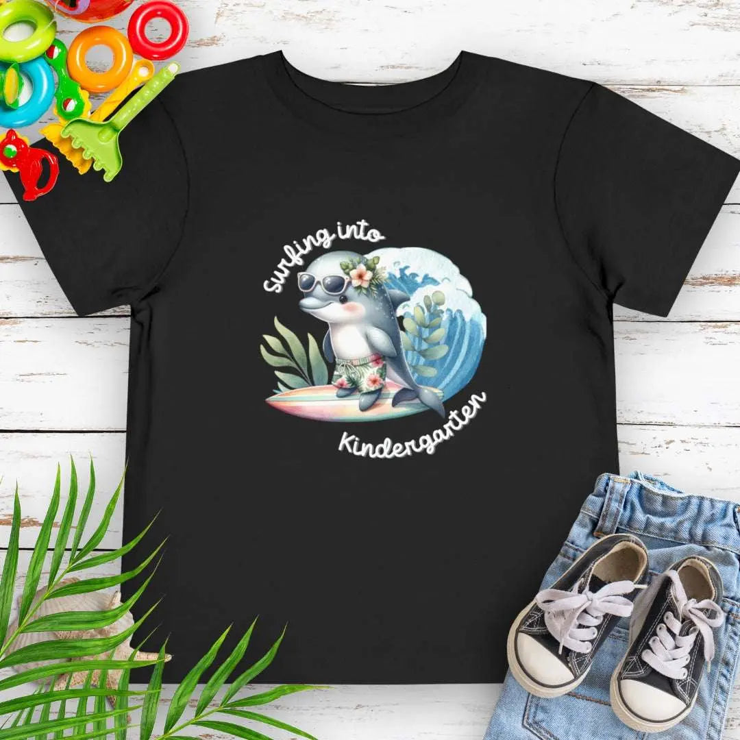 Surfing Into Kindergarten Navy Toddler's T-shirt with a fun dolphin surfing.