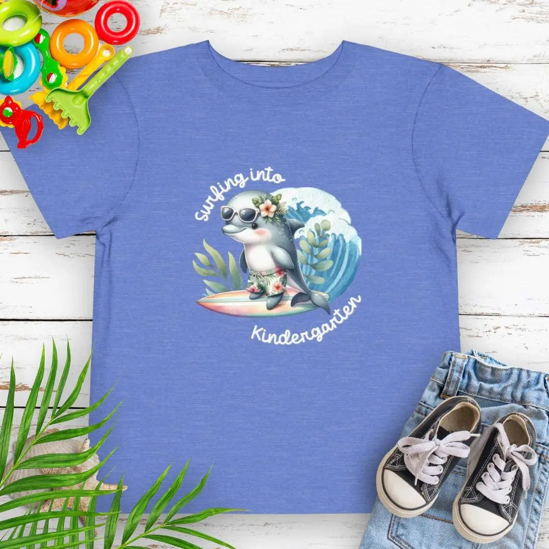 Surfing Into Kindergarten Heather Columbia Blue Toddler's T-shirt with a fun dolphin surfing.