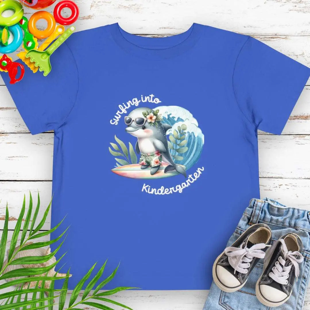 Surfing Into Kindergarten Royal Blue Toddler's T-shirt with a fun dolphin surfing.
