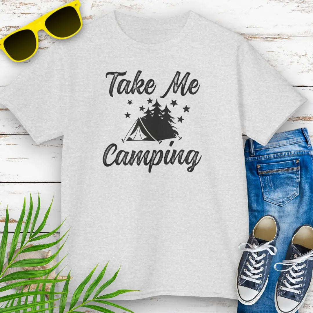 Our Ash Take Me Camping T-shirt with a tent in the forest with stars in the sky design. Perfect for your camping adventure.