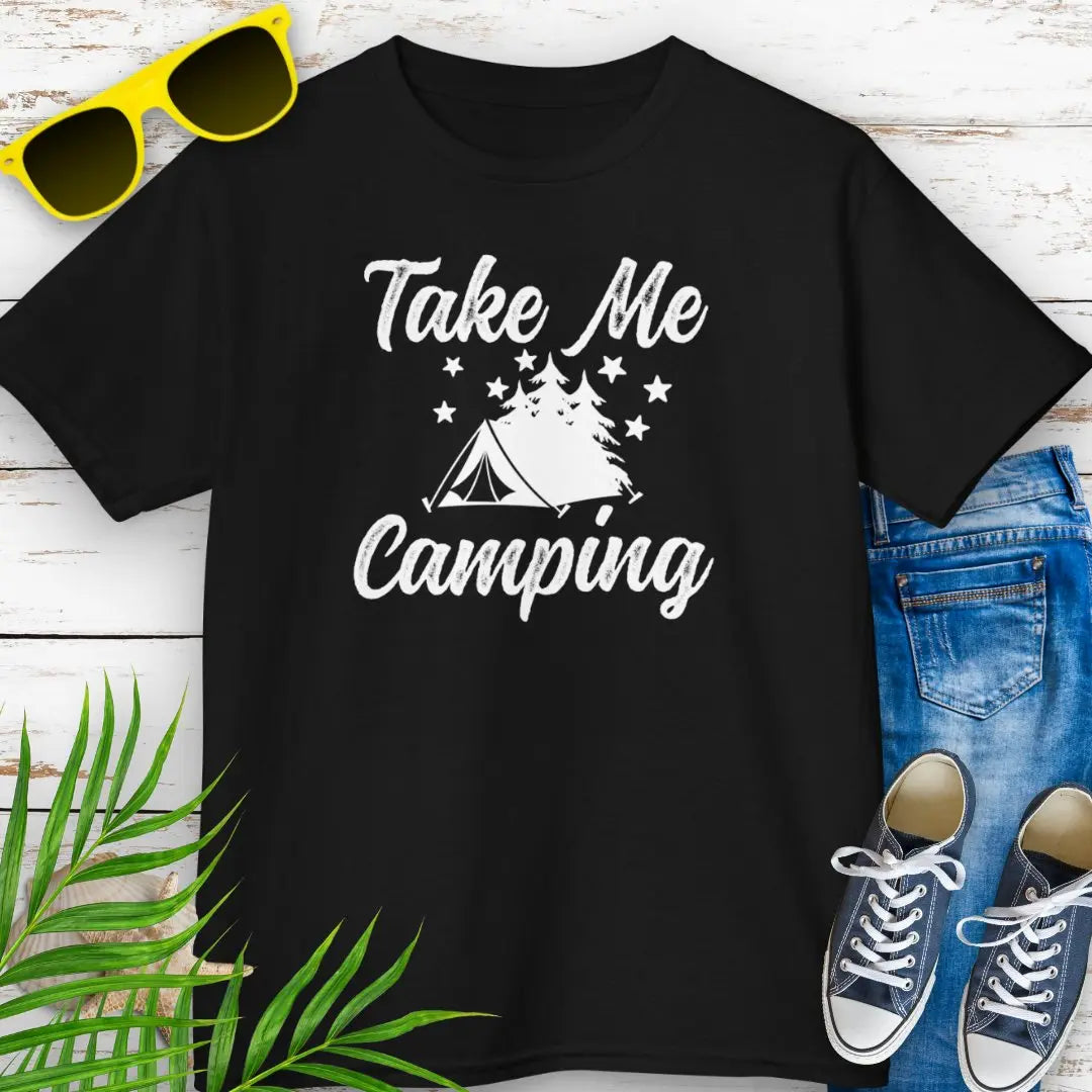 Our Black Take Me Camping T-shirt with a tent in the forest with stars in the sky design. Perfect for your camping adventure.