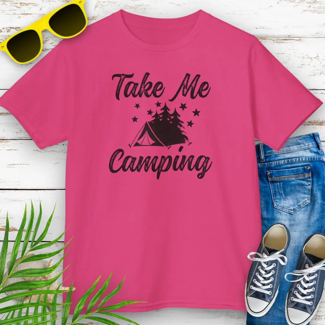 Our Heliconia Take Me Camping T-shirt with a tent in the forest with stars in the sky design. Perfect for your camping adventure.