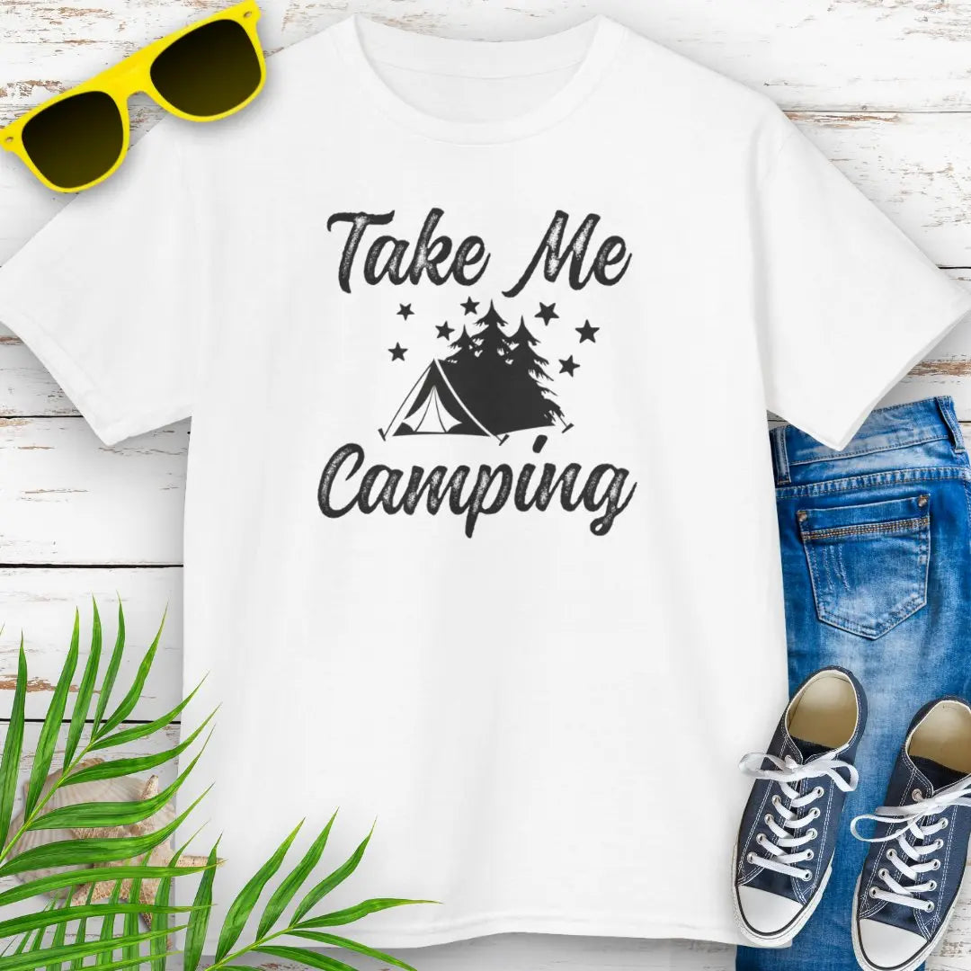 Our White Take Me Camping T-shirt with a tent in the forest with stars in the sky design. Perfect for your camping adventure.
