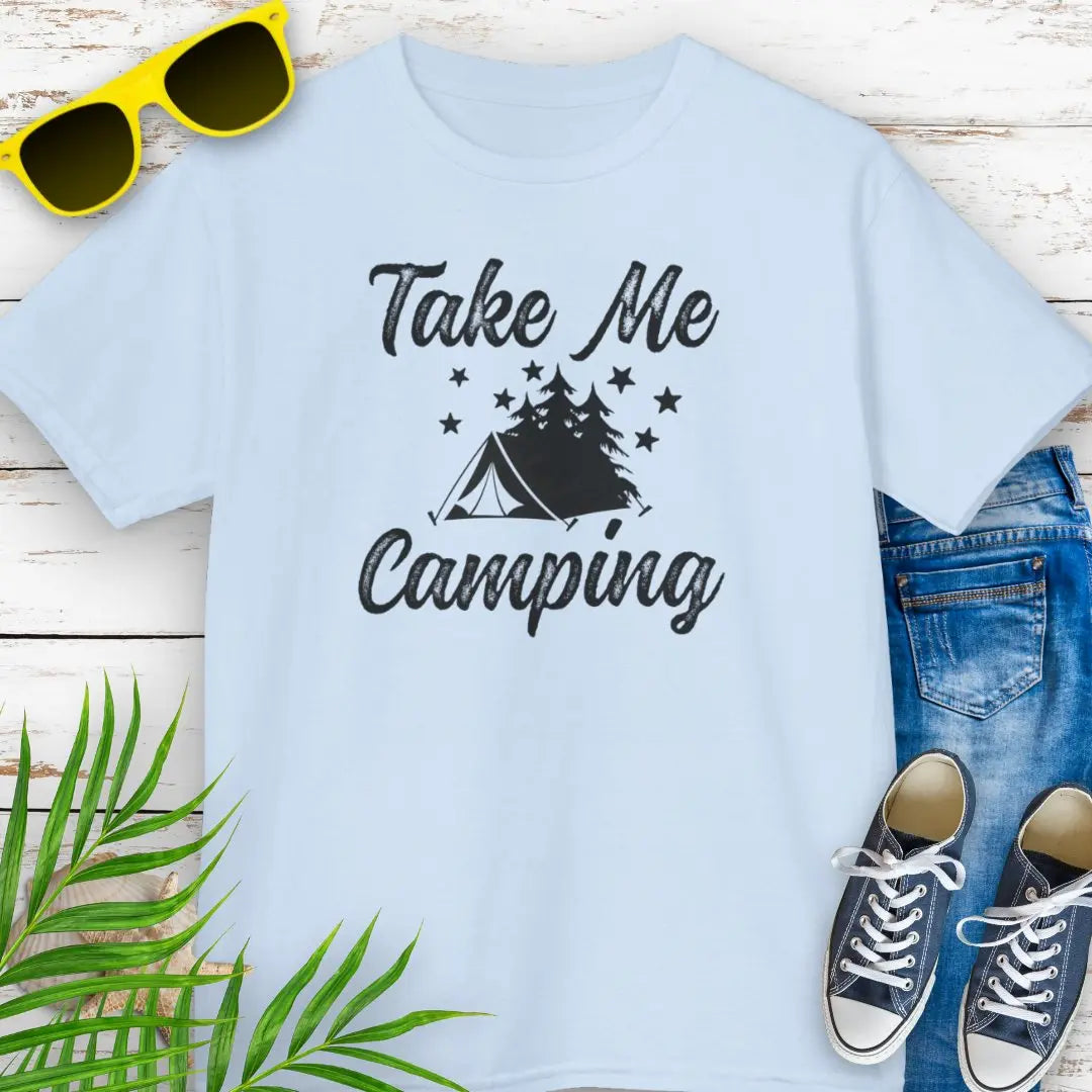 Our Light Blue Take Me Camping T-shirt with a tent in the forest with stars in the sky design. Perfect for your camping adventure.