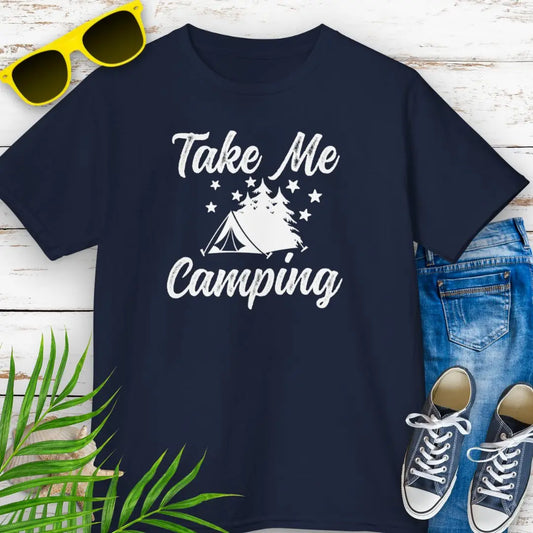 Our Navy Take Me Camping T-shirt with a tent in the forest with stars in the sky design. Perfect for your camping adventure.