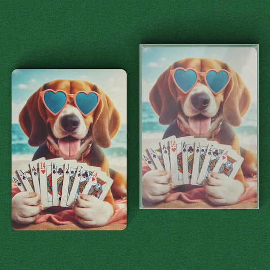 Playing cards with a beagle in heart glasses holding playing cards while laying on a beach and clear box