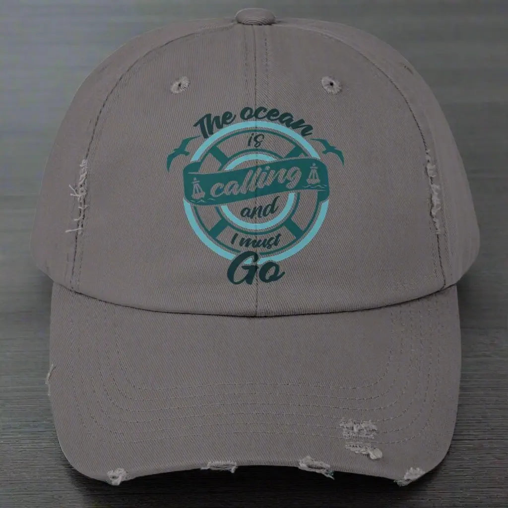 The Ocean is Calling and I Must Go Distressed Cap Hats Light-Olive Everythings Beachy
